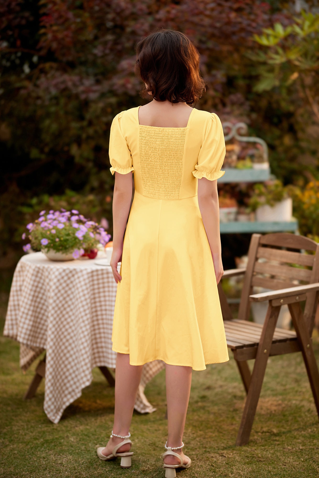 belle poque Vintage Buttons Decorated Dress Short Sleeve Square V-Neck A-Line Dress