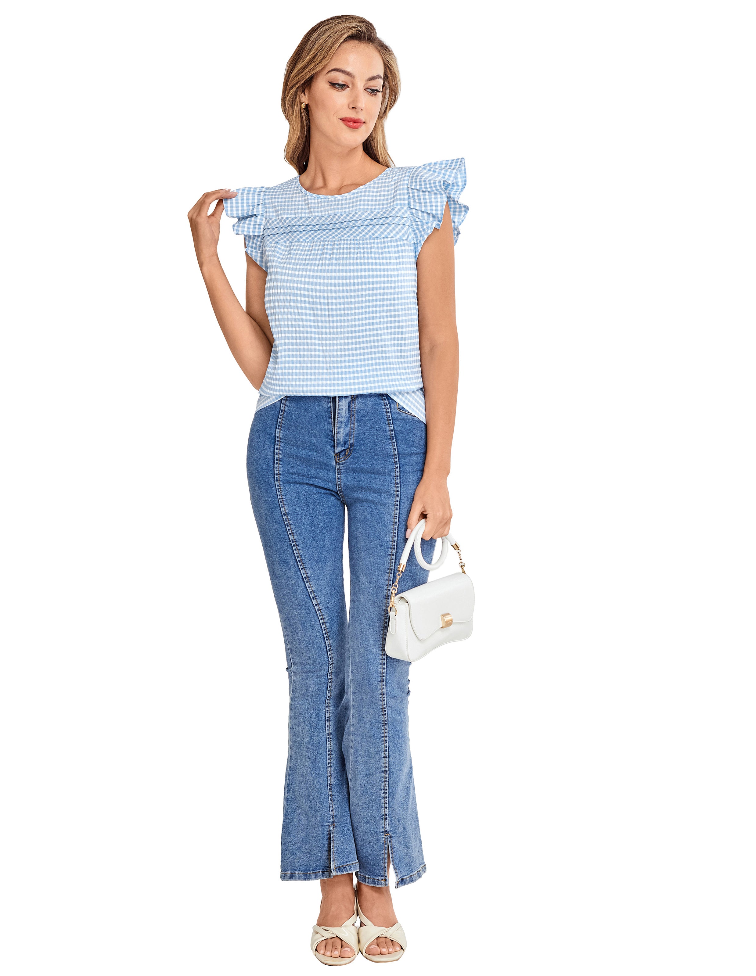 belle poque BP Women Vintage Plaided Tops Flutter Sleeve Crew Neck Keyhole Back Tops