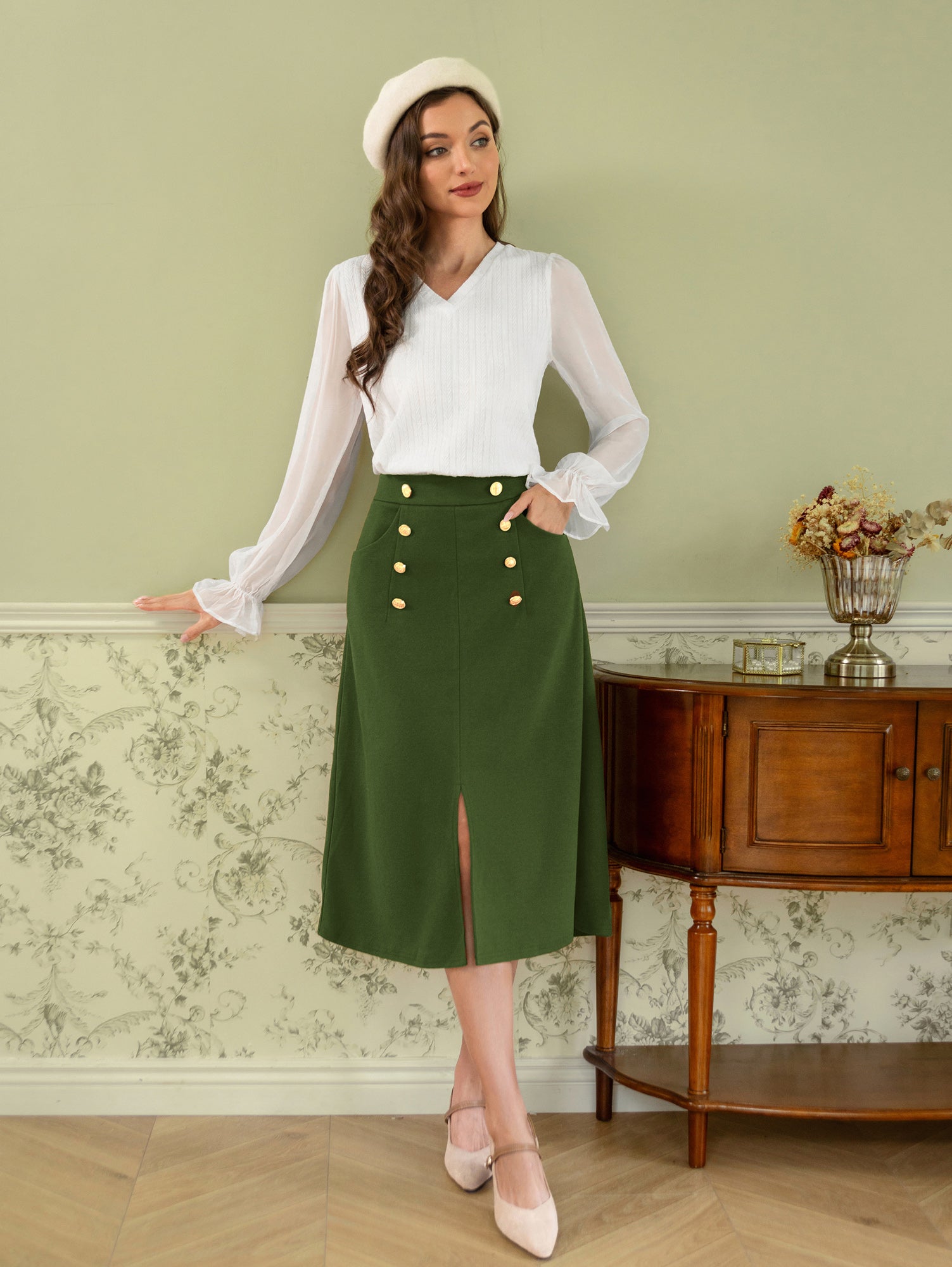 belle poque Vintage Front Slit Skirt Elastic Waist Button Decorated A-Line Skirt