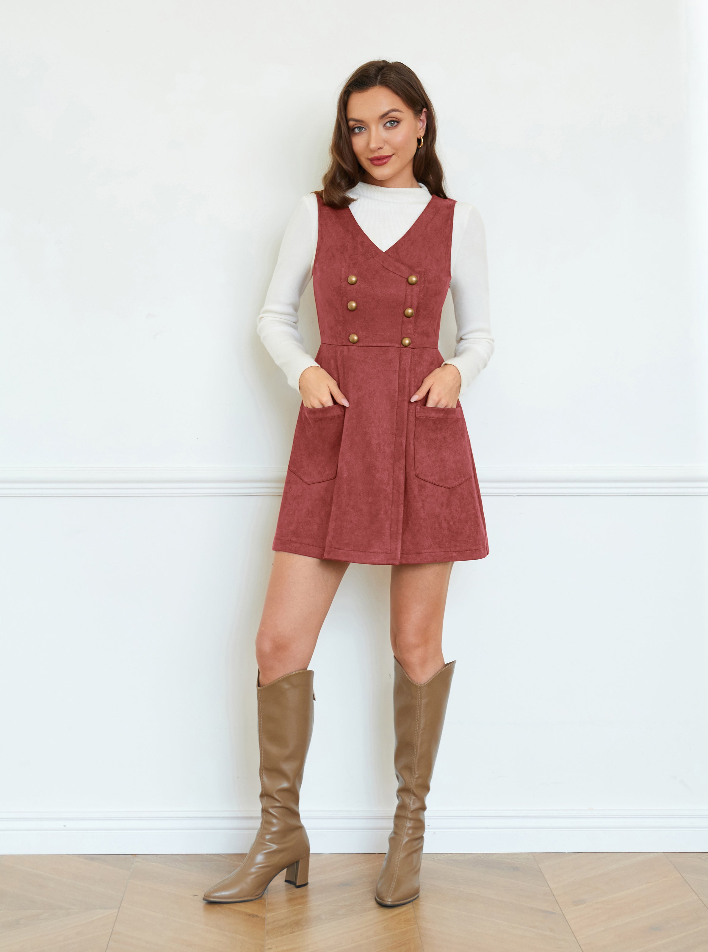 belle poque Vintage Faux Suede Dress Sleeveless V-Neck Elastic Waist A-Line Dress