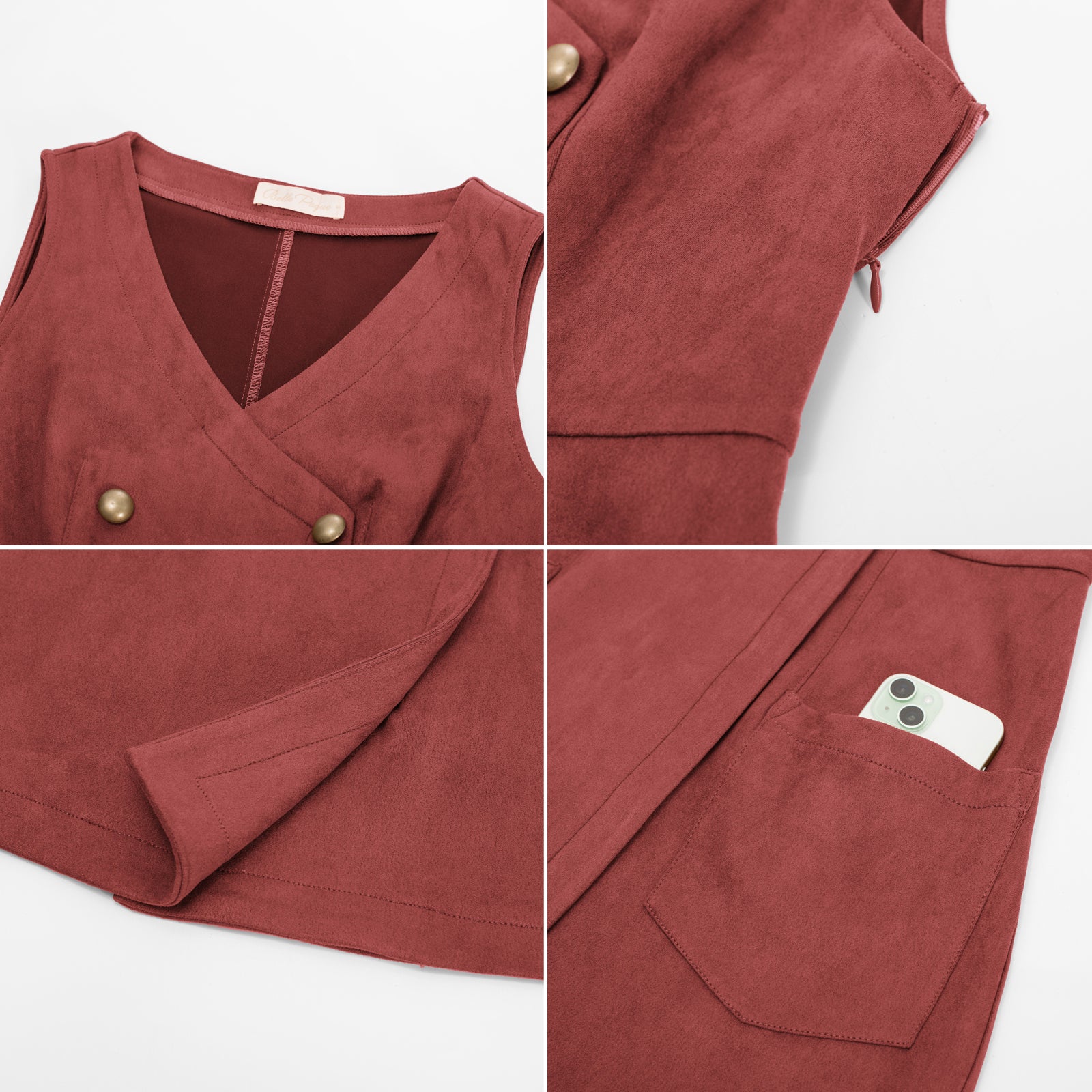 belle poque Vintage Faux Suede Dress Sleeveless V-Neck Elastic Waist A-Line Dress