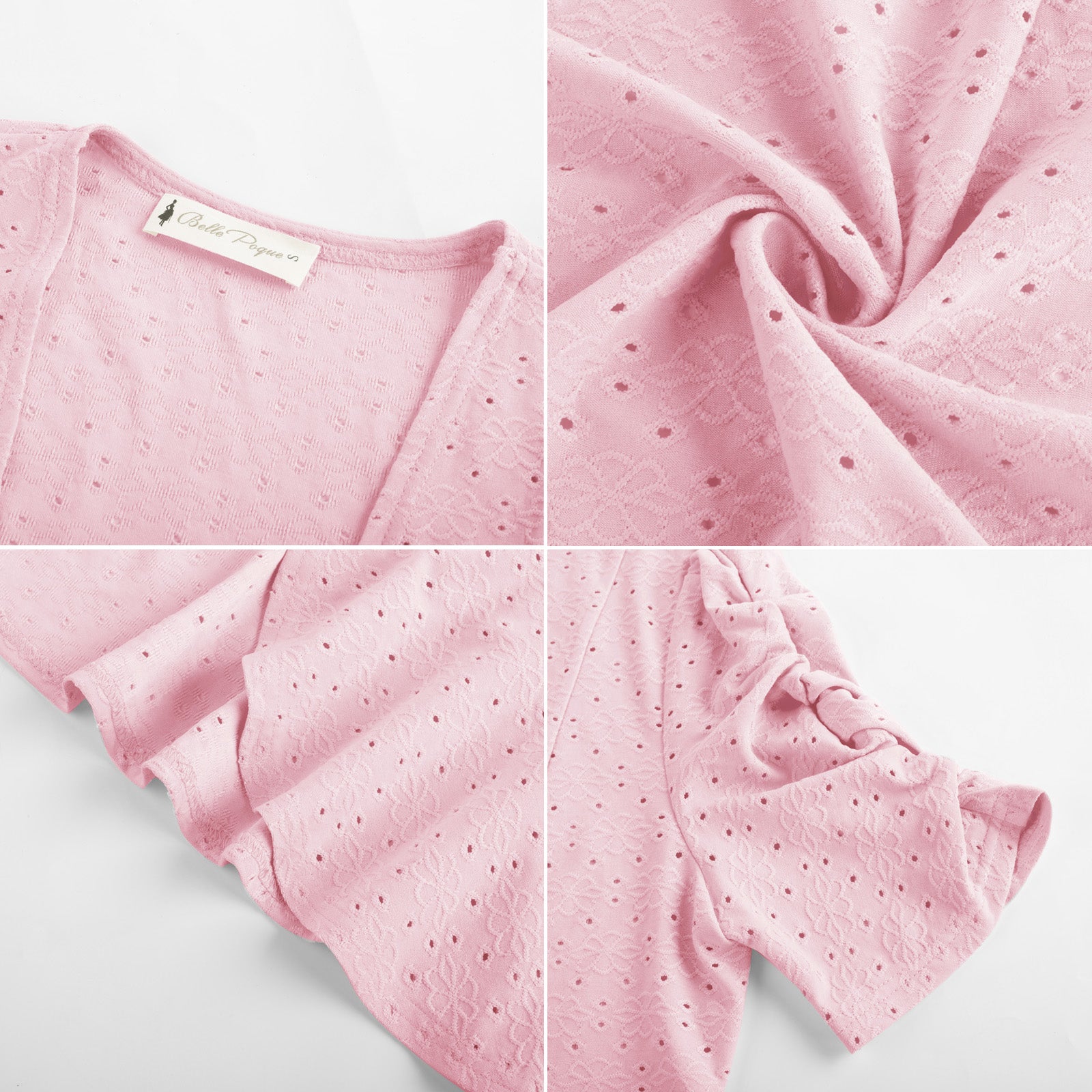 belle poque Women Vintage Hollowed-out Shrug Ruched Short Sleeve Open Front Tops