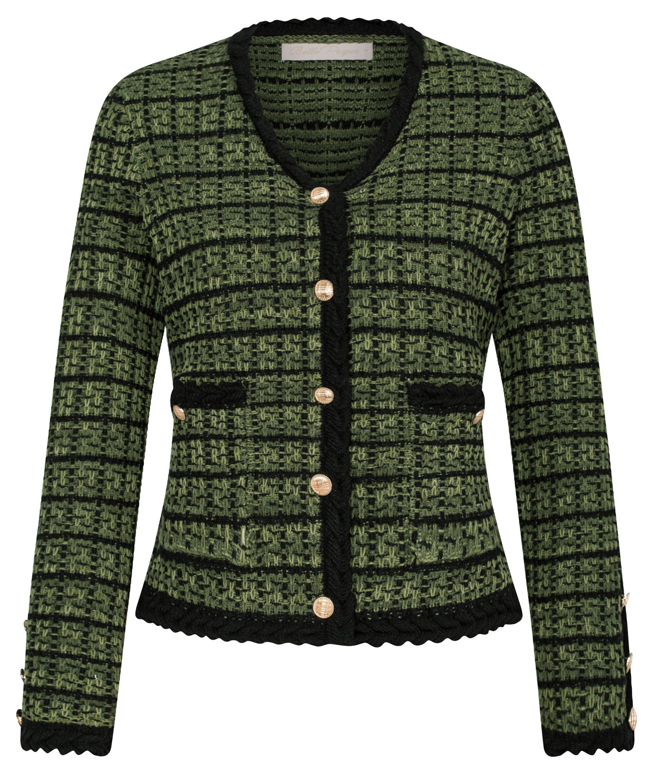 belle poque Contrast Color Cardigan Long Sleeve V-Neck Cable Knitted Sweater Green