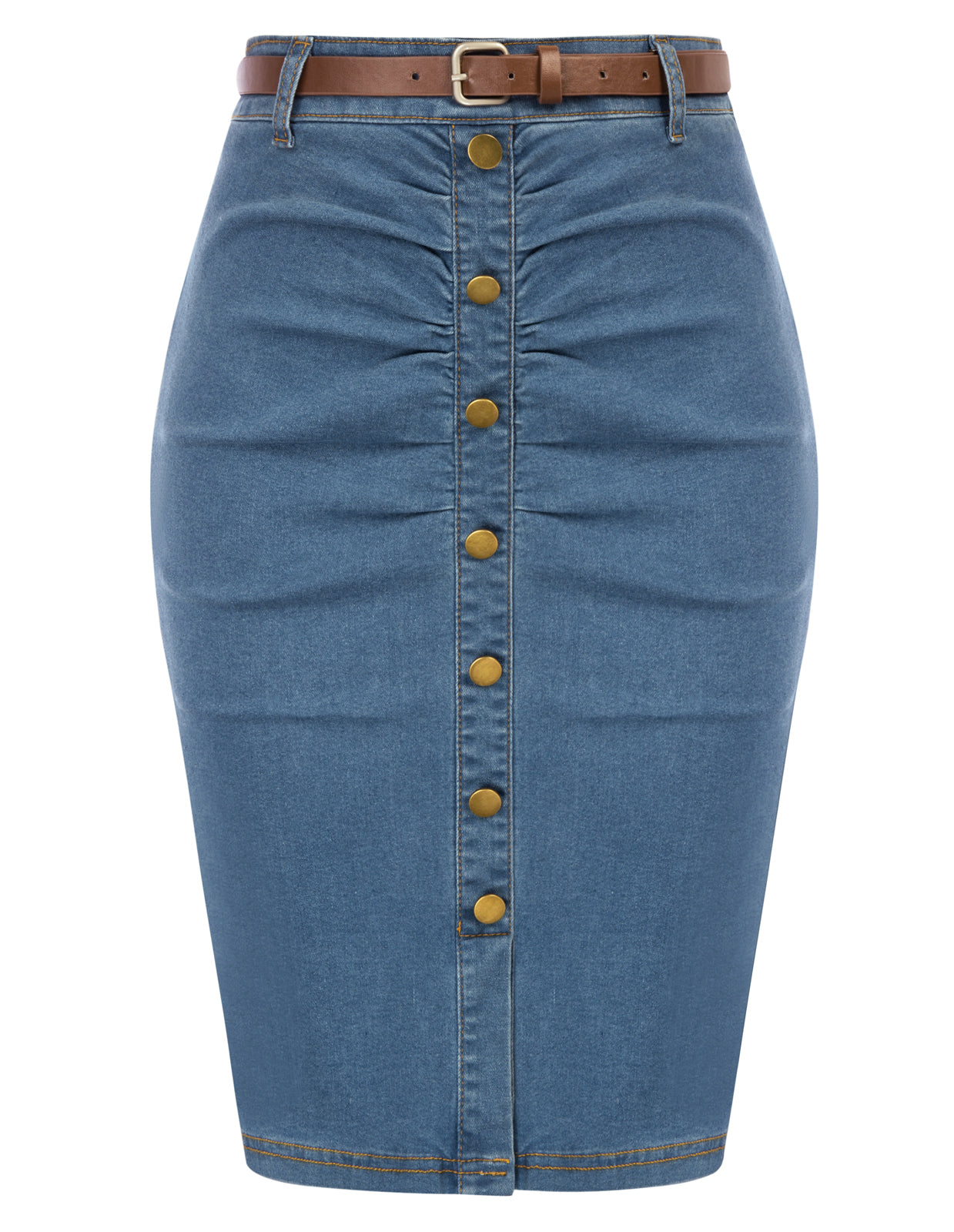 belle poque Vintage Jean Skirt with Belt High Waist Ruched Front Bodycon Skirt Blue2