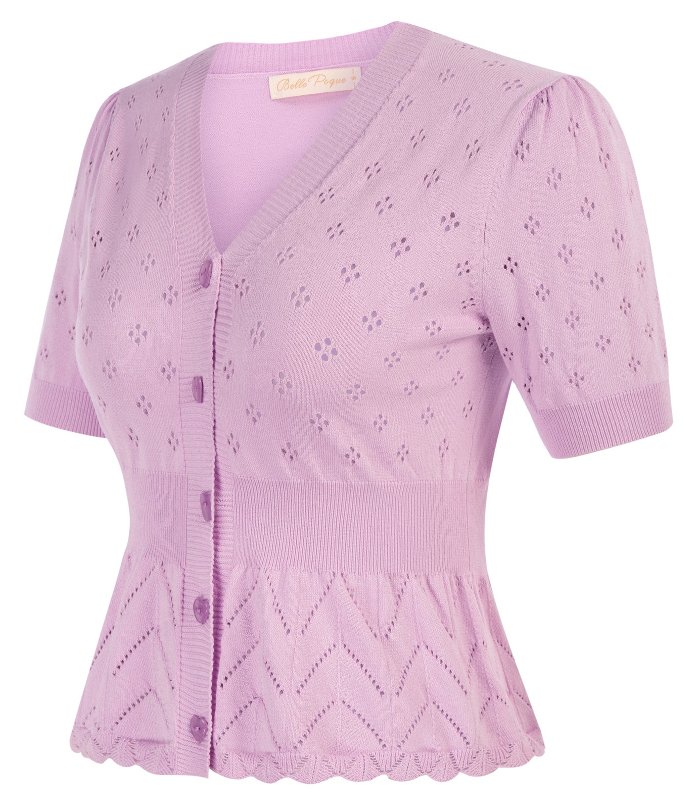 belle poque Fans Look of Defined Waist Cardigan Short Sleeve V-Neck Hollowed-out Knitwear