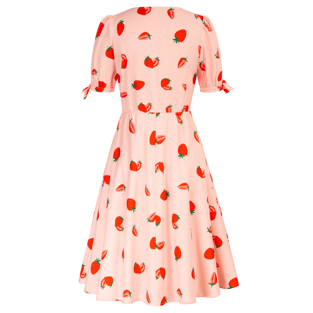 belle poque Strawberry Printed Defined Waist Dress Short Sleeve V-Neck Flared A-Line Dress