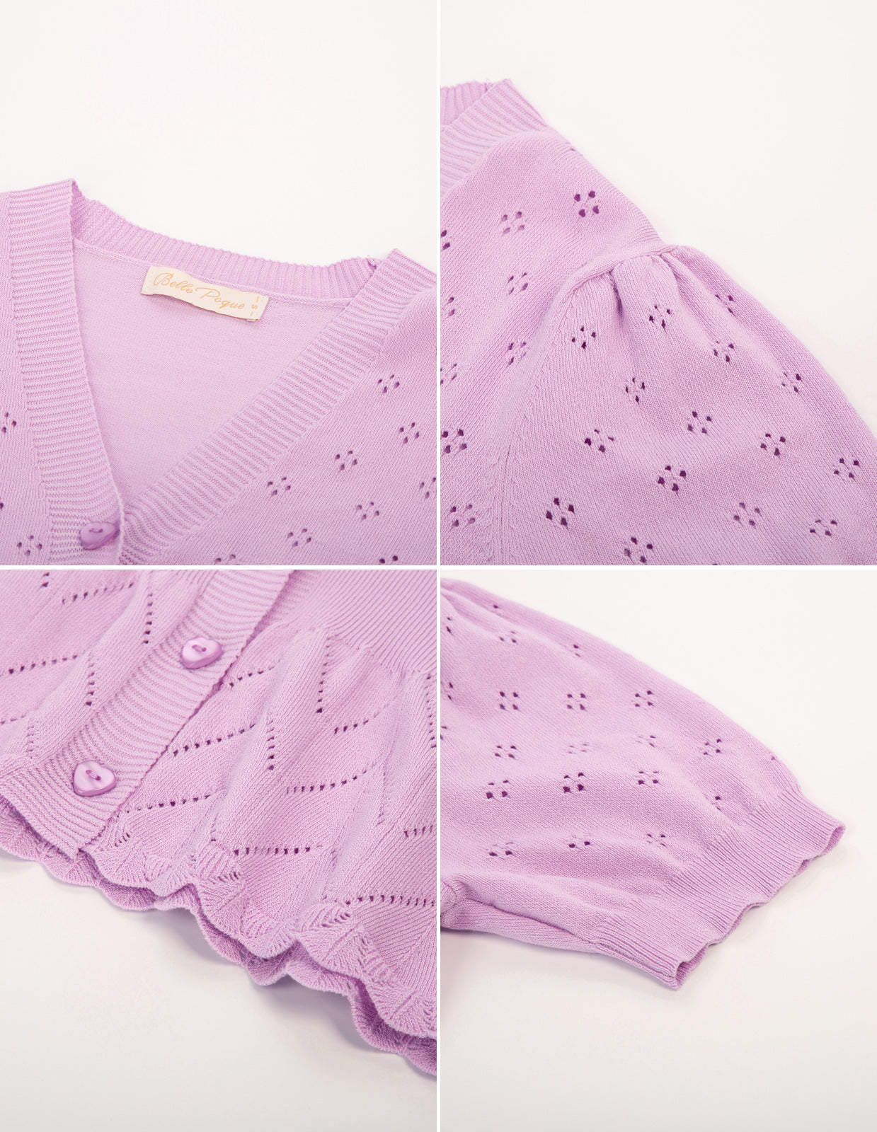 belle poque Fans Look of Defined Waist Cardigan Short Sleeve V-Neck Hollowed-out Knitwear