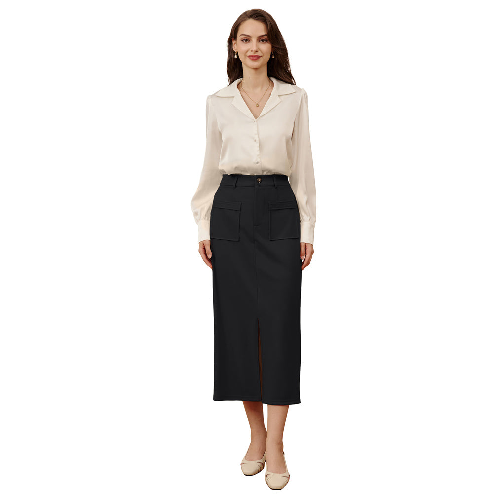 belle poque Women Cargo Skirt Long Pencil Skirt High Wiasted Skirts with Pockets & Slit