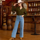 belle poque Vintage Straight Leg High Waisted Elastic Waist Multi-Pocket Flare Denim Pants