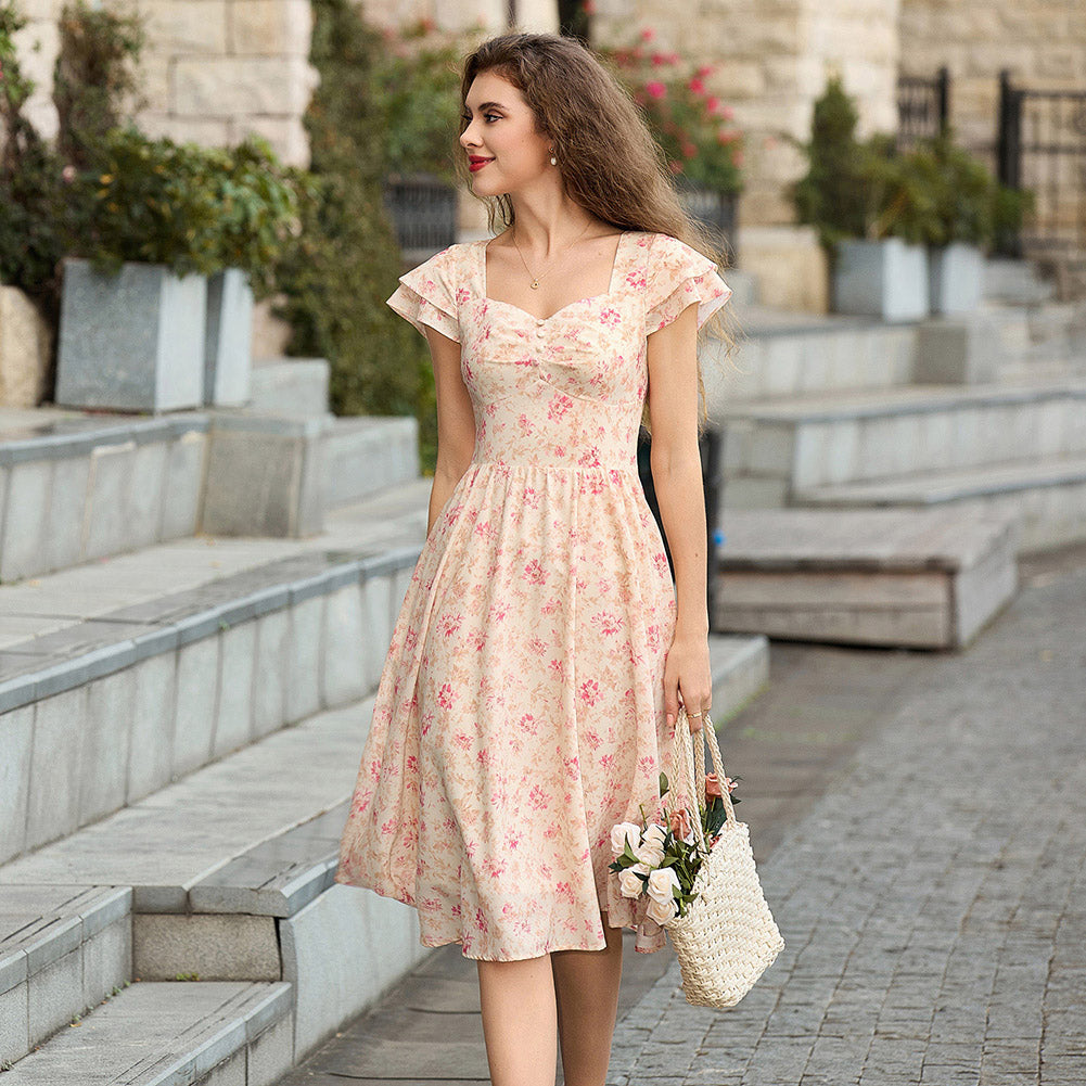 belle poque Women's Sweatheart Floral Dress 2026 Spring Ruched Midi Garden Party Dress