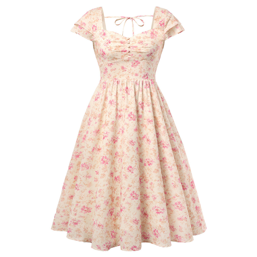 belle poque 1950s Women's Sweatheart Floral Dress Ruched Midi Garden Party Dress Orange