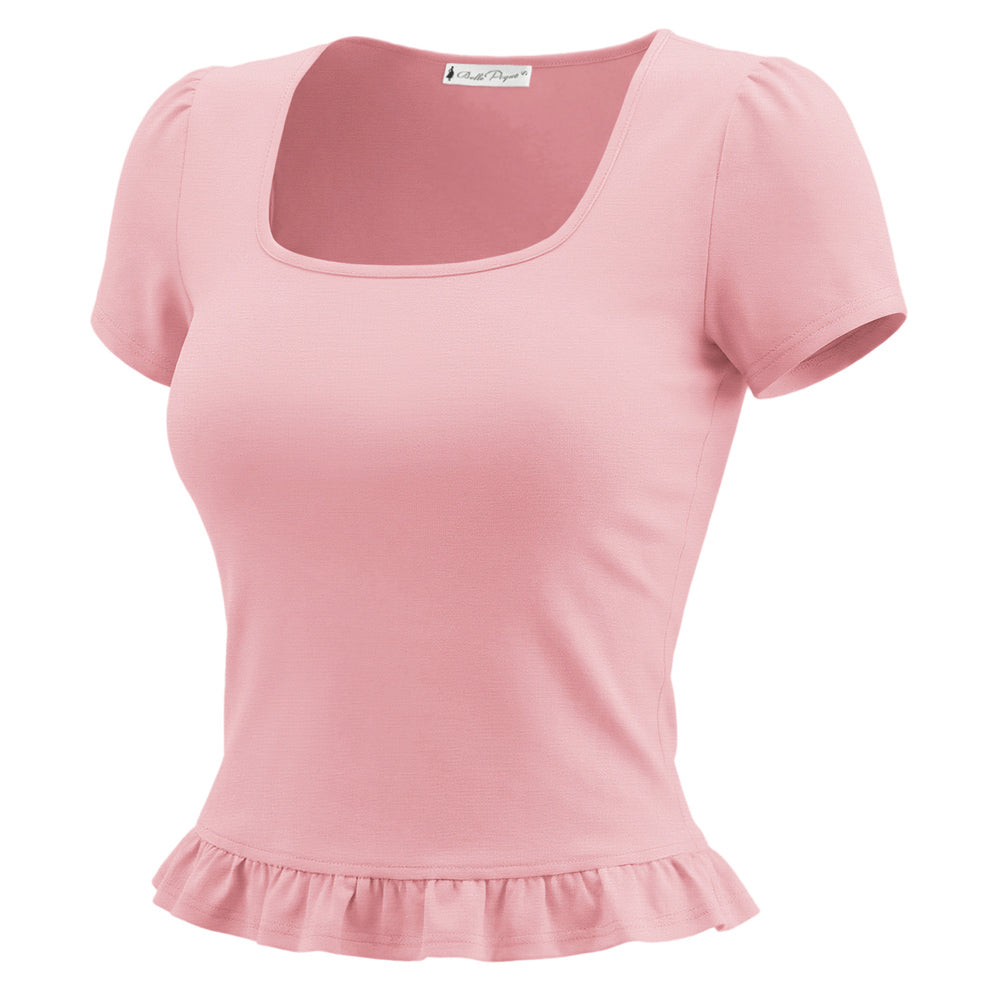 belle poque 2026 Spring Summer Ruffles Cute Tops for Women Short Sleeve Crop Tops Pink