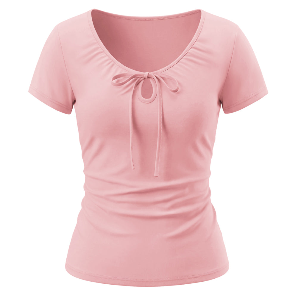 belle poque 2026 Women's Tops Pleated Bow Tie Front Shirts Spring Summer Casual Knit Top Pink