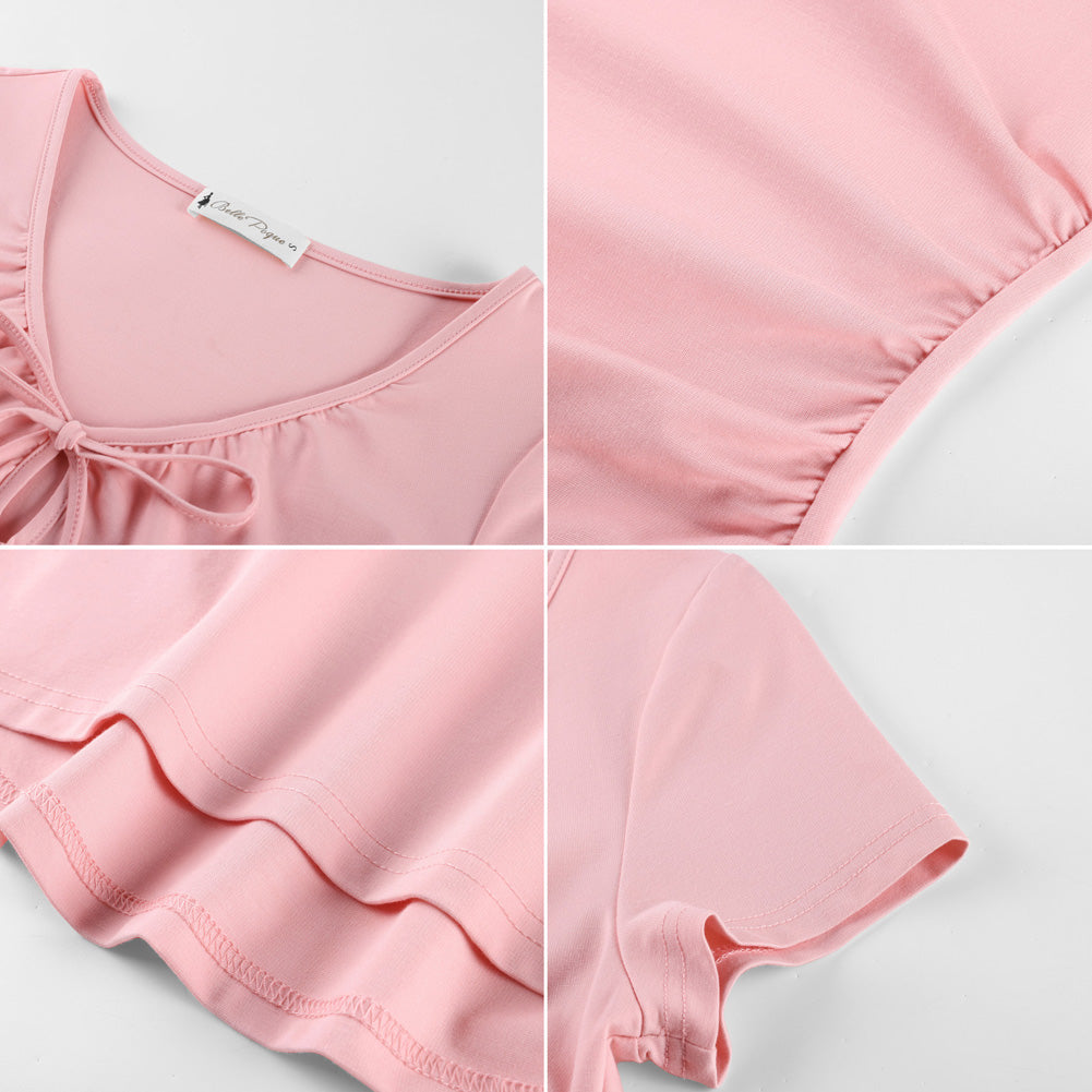 belle poque 2026 Women's Tops Pleated Bow Tie Front Shirts Spring Summer Casual Knit Top