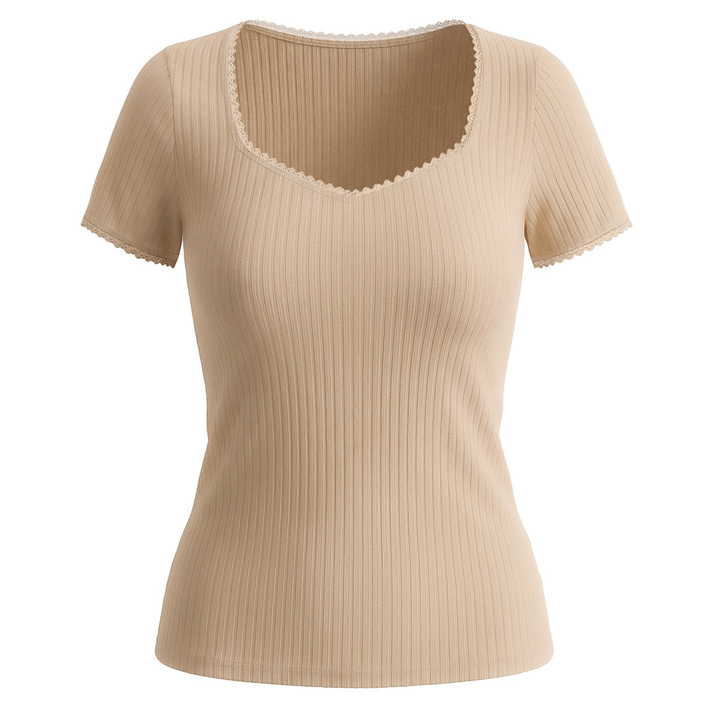 belle poque Women's Lace Trim Tops Slim Fit Ribbed Knit Basic Tee Tops Khaki