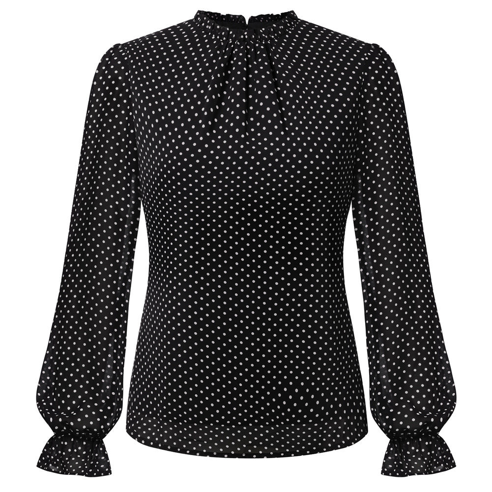 belle poque Belle Poque Women Vintage Chiffon Tops Long Sleeve Keyhole Back Pullover Tops Polka Dots