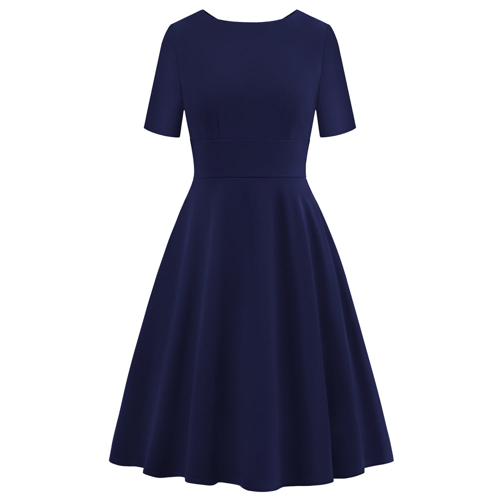 belle poque 1950s Vintage Work Dresses for Women V-Back Cocktail Dress with Pockets Dark Blue