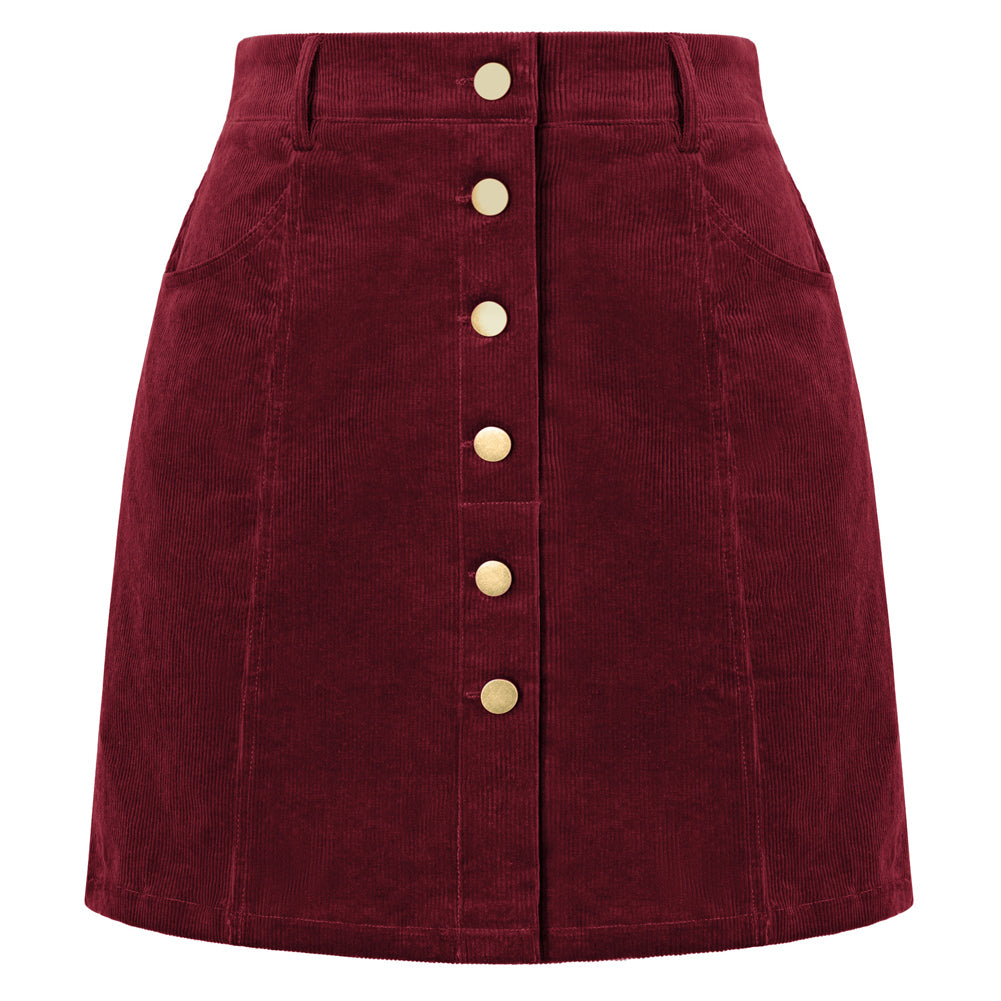 belle poque Womens Corduroy Short Mini Skirt Button A-Line Casual Fall Skirts with Pockets Wine