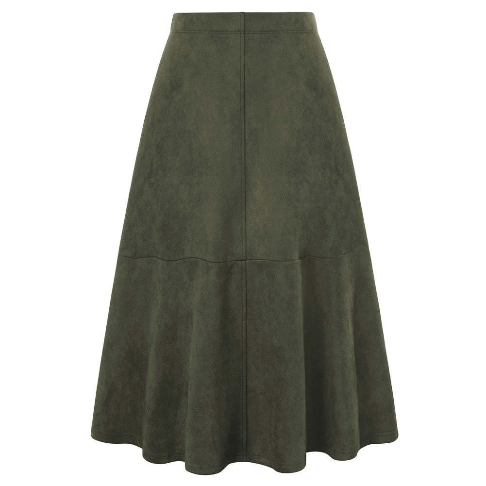 belle poque 1980s Vintage Women's Suede Skirts High Waist A Line Business Work Midi Skirt Olive