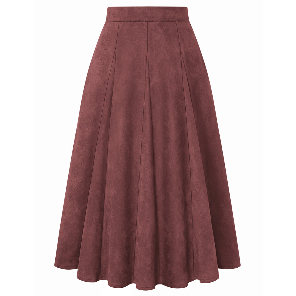belle poque Women Vintage Skirt Elastic Waist Mid-Calf Length A-Line Skirt Wine