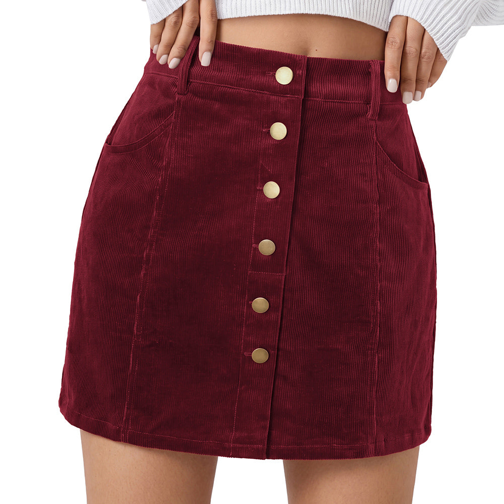 belle poque Womens Corduroy Short Mini Skirt Button A-Line Casual Fall Skirts with Pockets