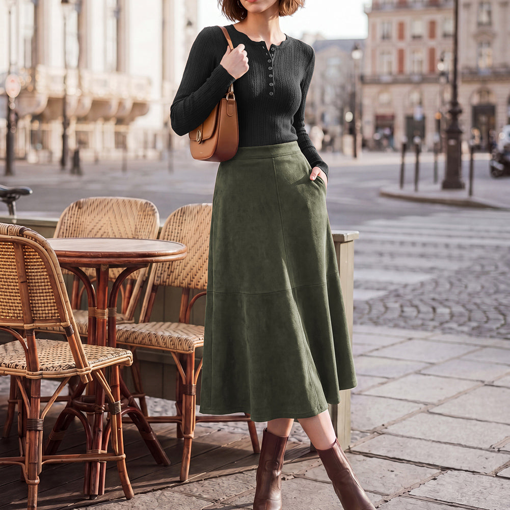 belle poque 1980s Vintage Women's Suede Skirts High Waist A Line Business Work Midi Skirt