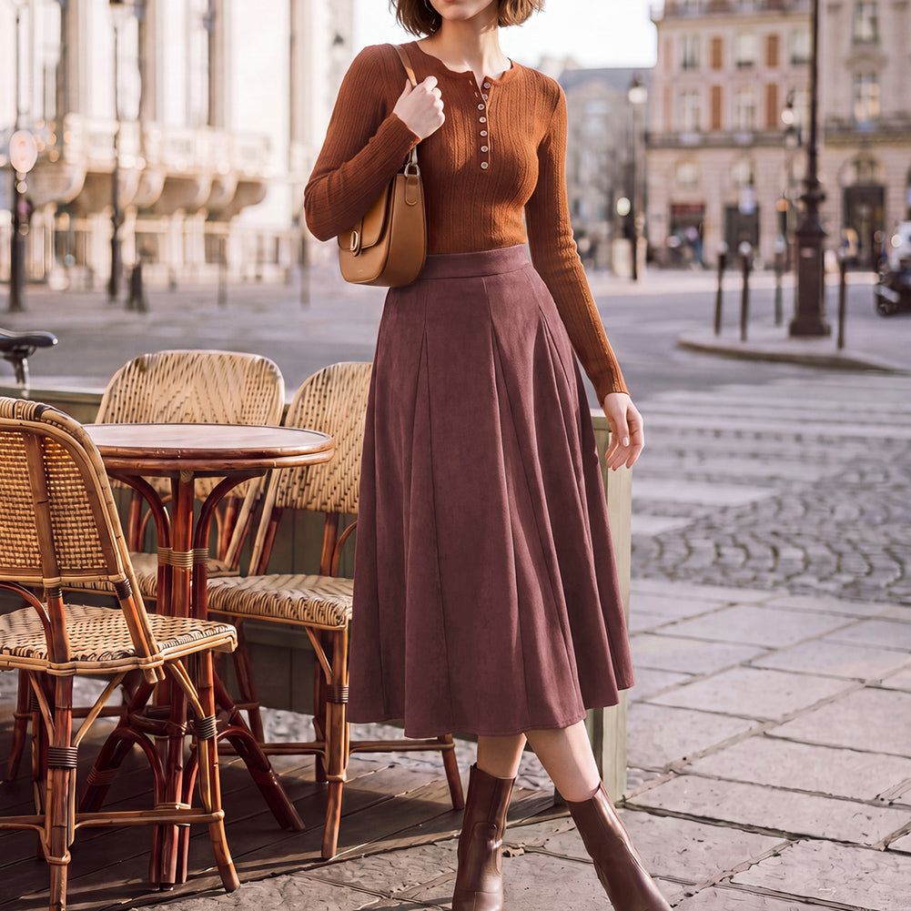 belle poque Women Vintage Skirt Elastic Waist Mid-Calf Length A-Line Skirt