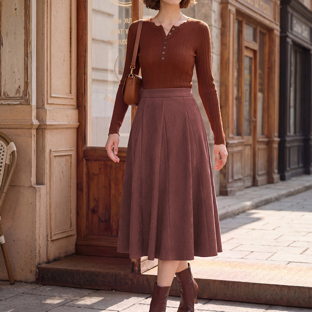 belle poque Women Vintage Skirt Elastic Waist Mid-Calf Length A-Line Skirt