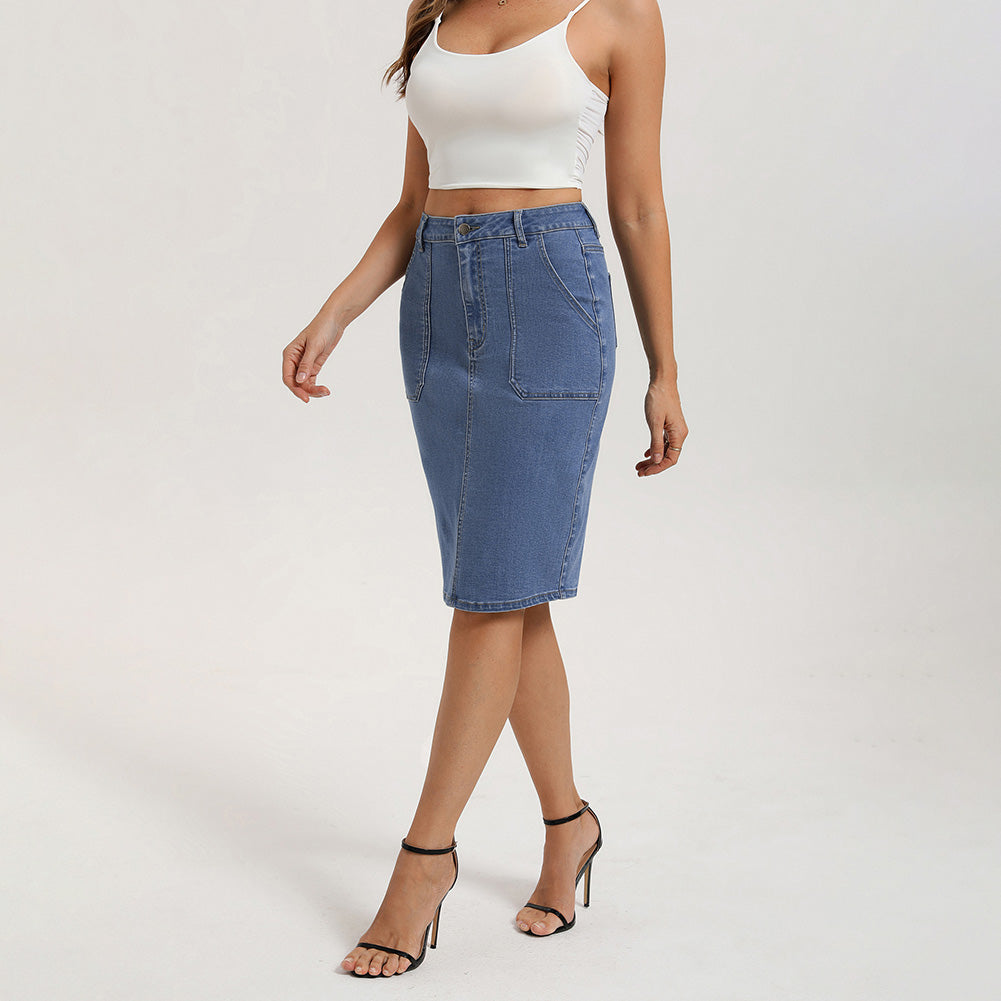 belle poque 2026 Women's Denim Skirt Knee Length Jean Skirt with Pockets