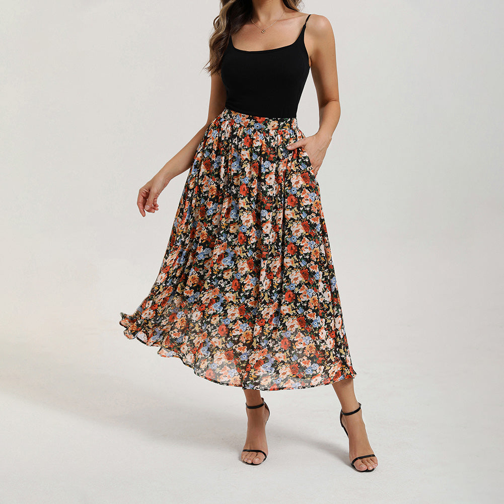 belle poque 2026 Women Vintage Swing Floral Skirt Comfy A-Line Maxi Skirt