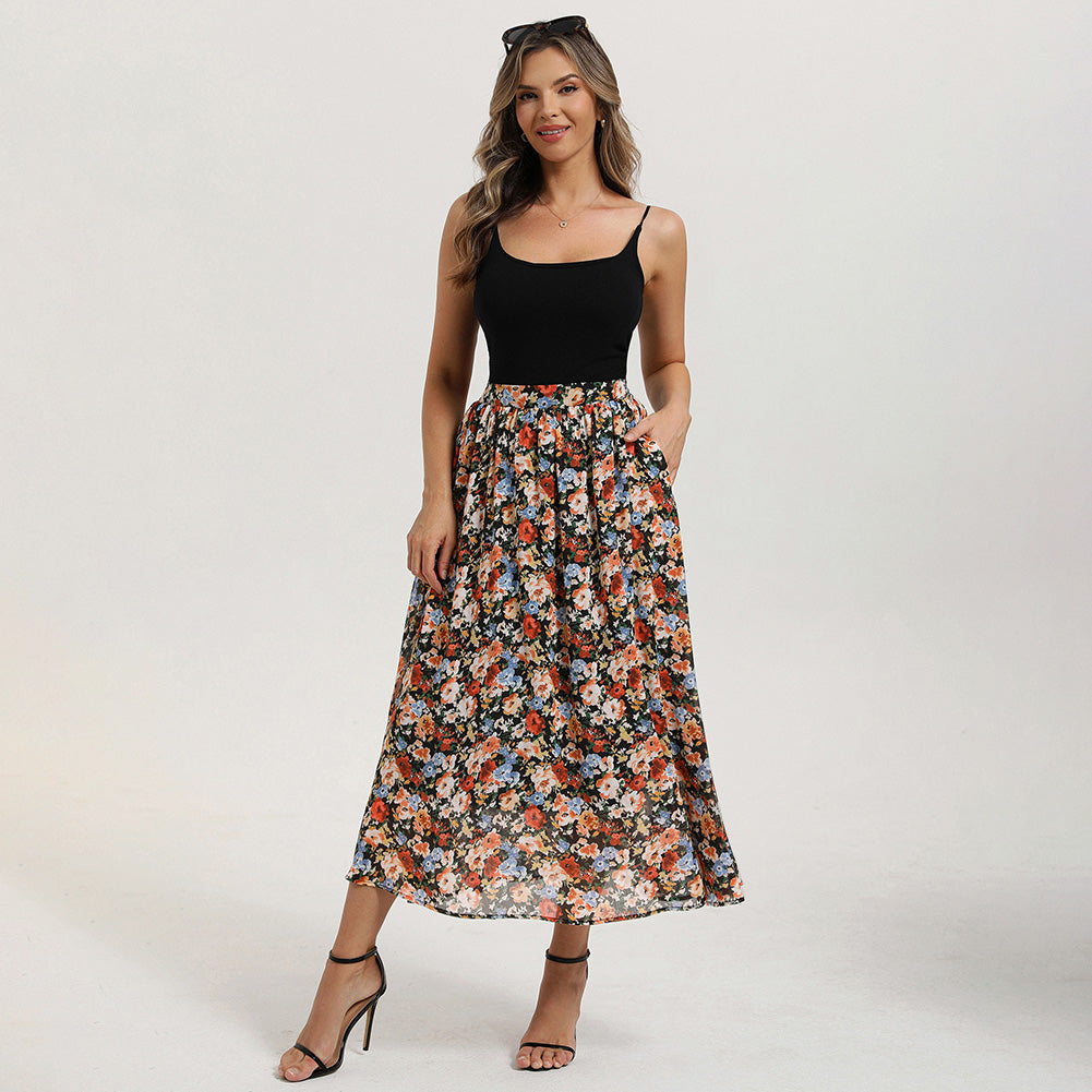 belle poque 2026 Women Vintage Swing Floral Skirt Comfy A-Line Maxi Skirt