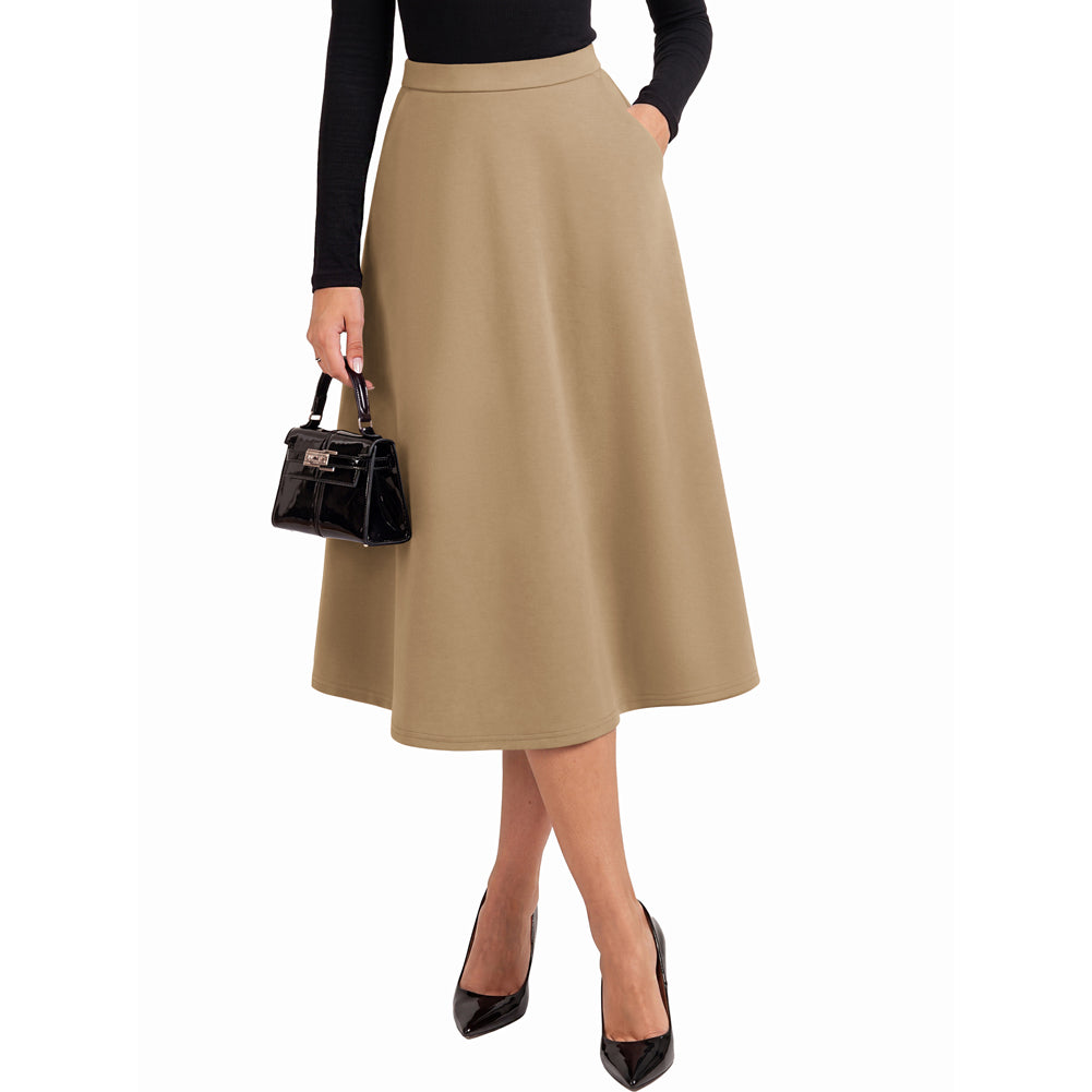 belle poque 1980s Vintage A-Line Midi Skirt Work Business Skirts with Pockets Light Brown