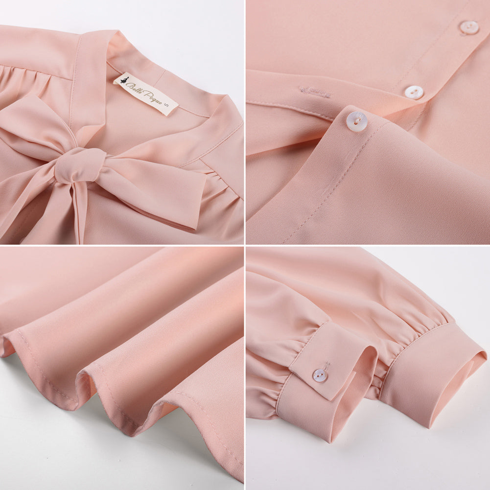 belle poque Women Vintage Long Sleeve Bow-Knot Decorated Button-up Tops