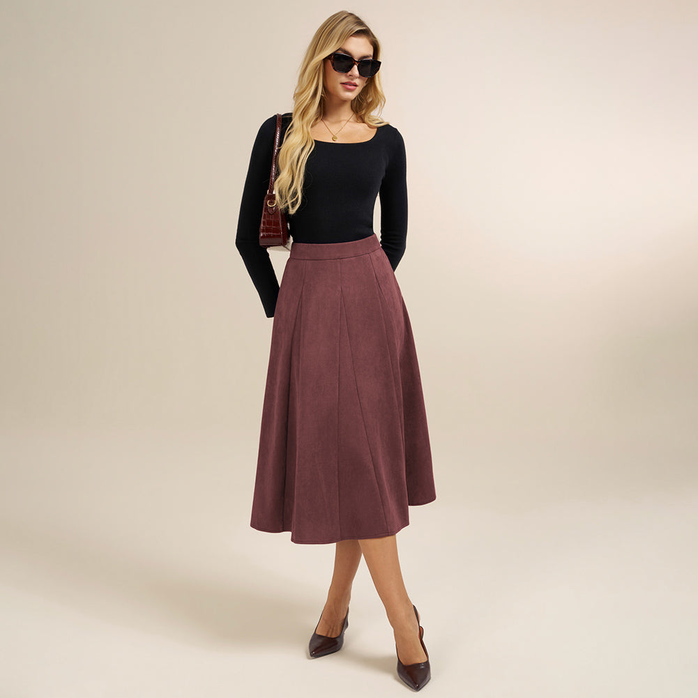 belle poque Women Vintage Skirt Elastic Waist Mid-Calf Length A-Line Skirt