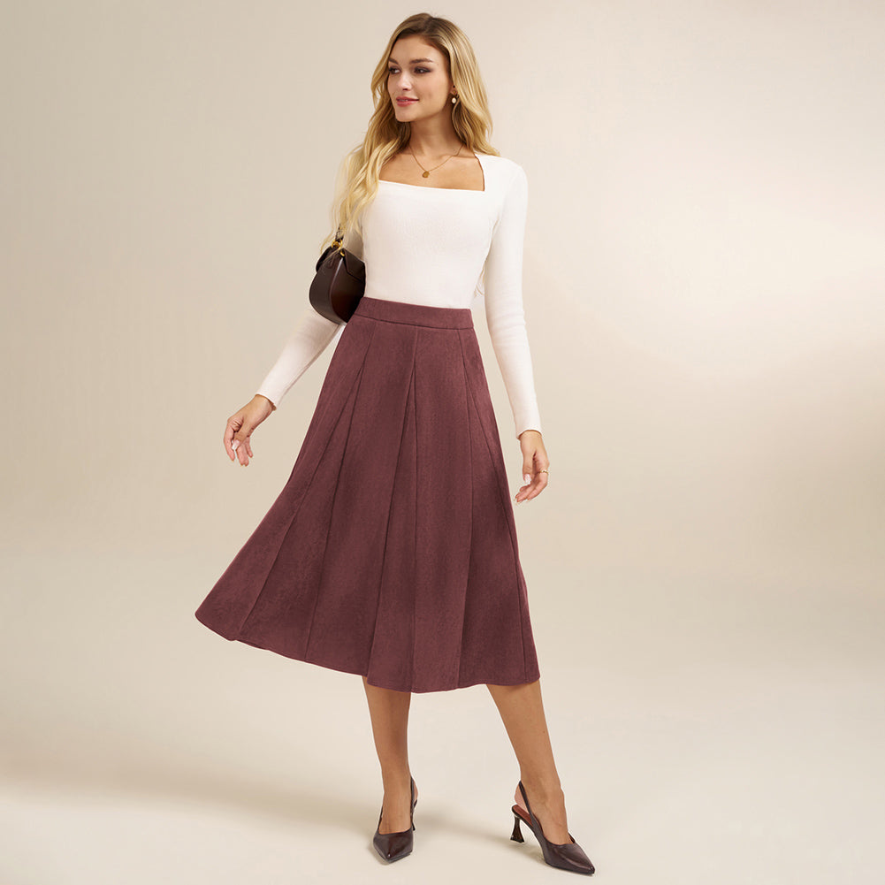 belle poque Women Vintage Skirt Elastic Waist Mid-Calf Length A-Line Skirt