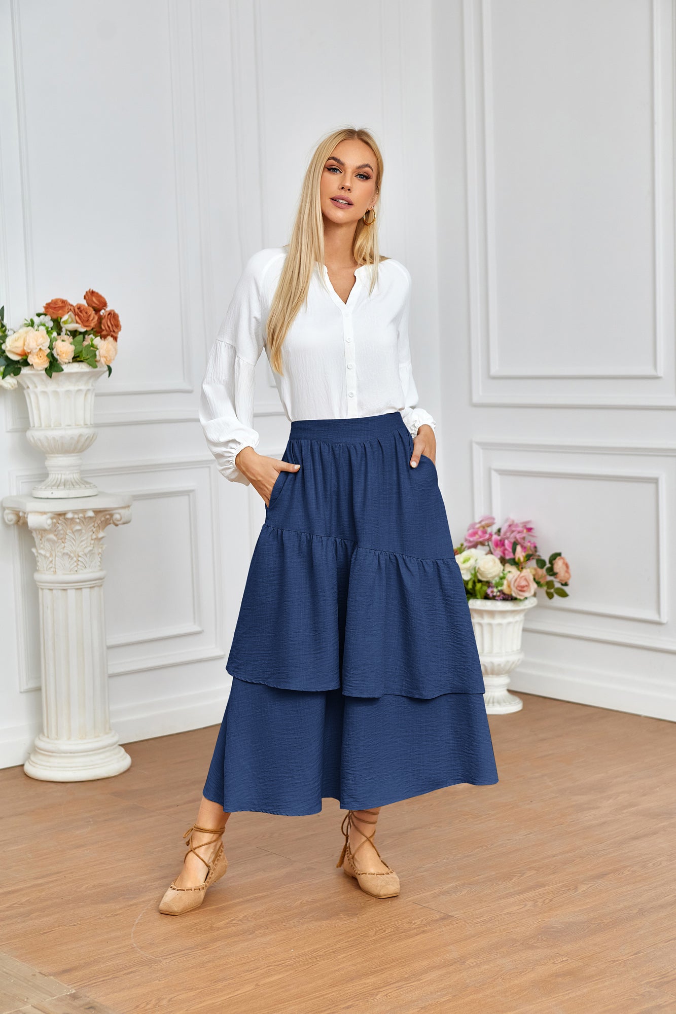 belle poque BP Women Vintage 2-Layer Swing Skirt Elastic High Waist Maxi Skirt