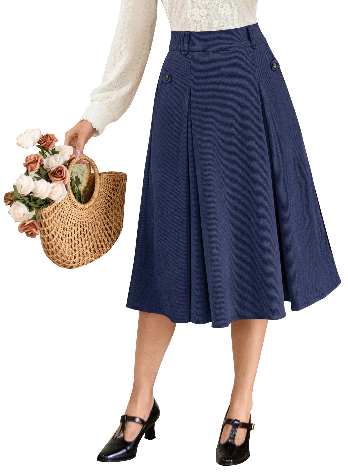 belle poque Vintage Swing Skirt Elastic Waist Flared A-Line Mid-Calf Skirt