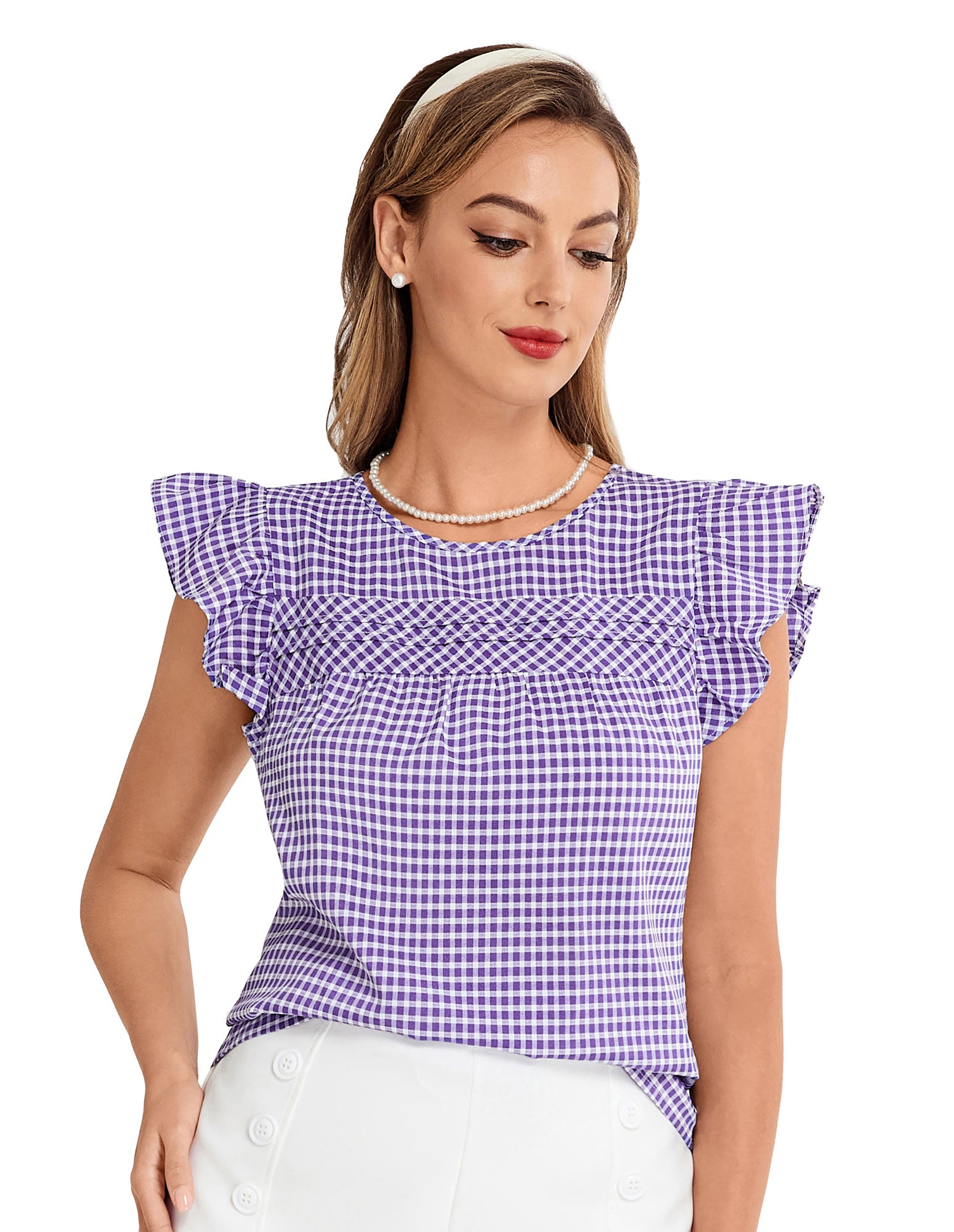 belle poque BP Women Vintage Plaided Tops Flutter Sleeve Crew Neck Keyhole Back Tops Purple