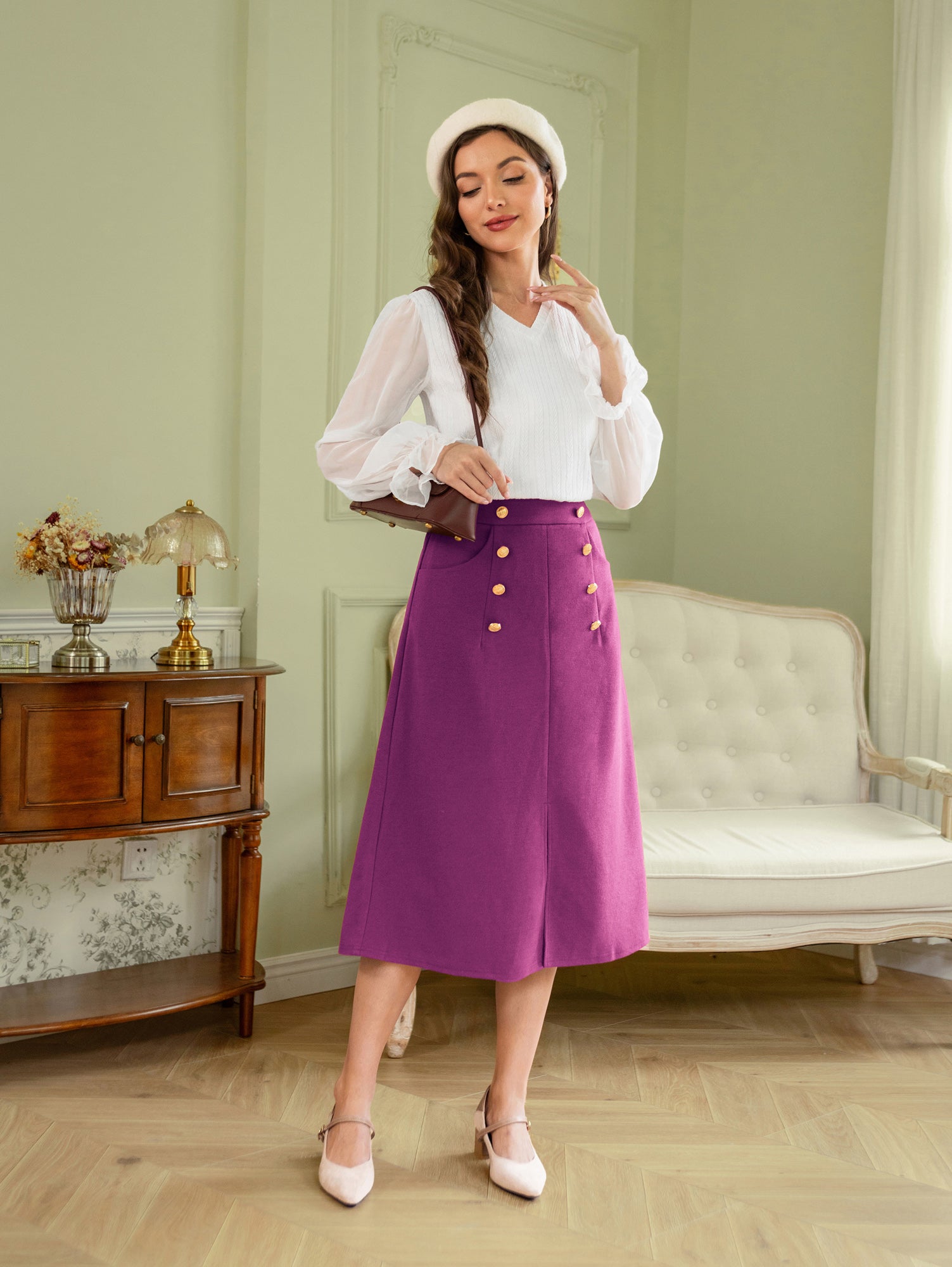 belle poque Vintage Front Slit Skirt Elastic Waist Button Decorated A-Line Skirt