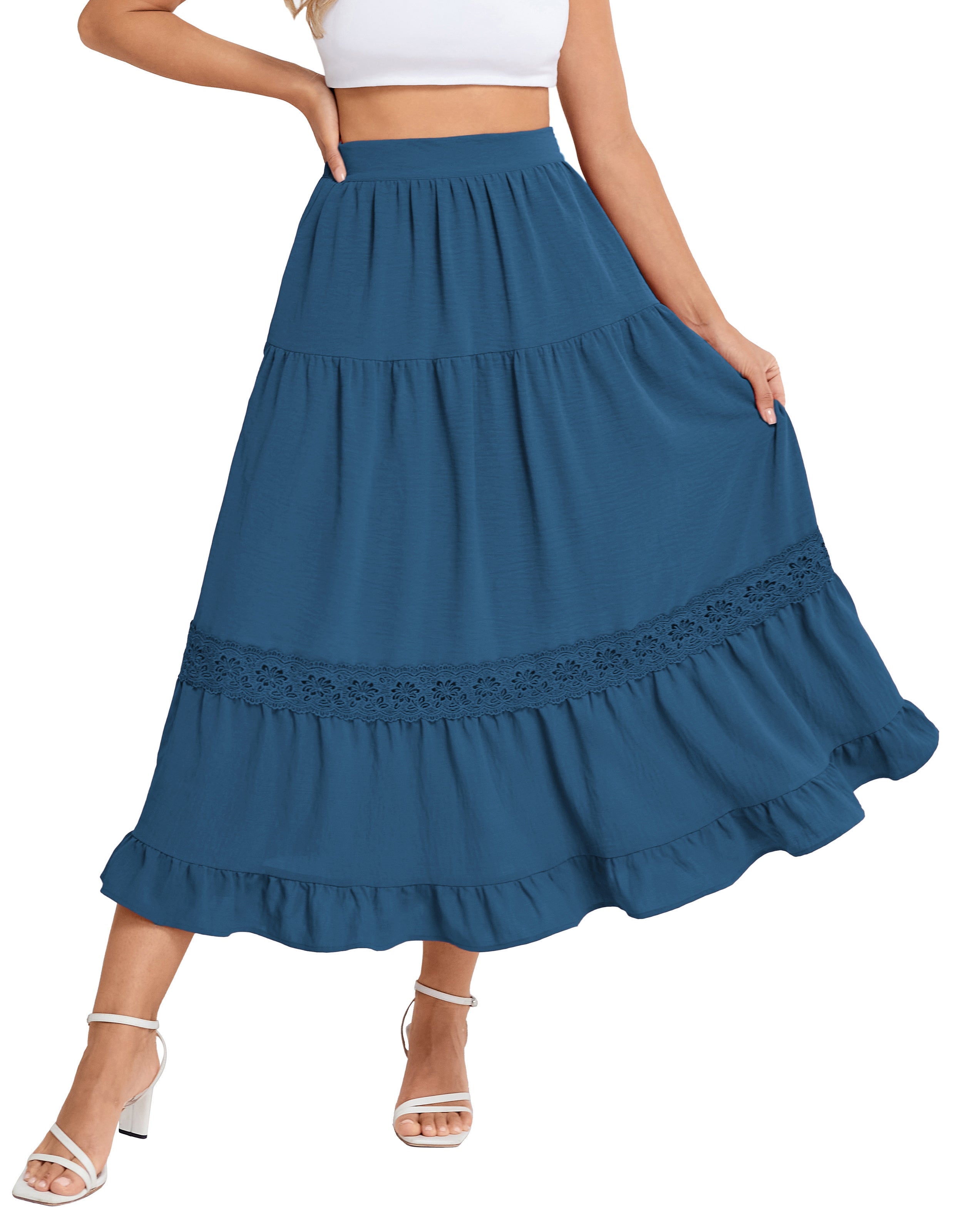 belle poque Women's Midi Skirt Boho Flowy Aline Ruffle Lace Tiered Skirt with Pockets 2025