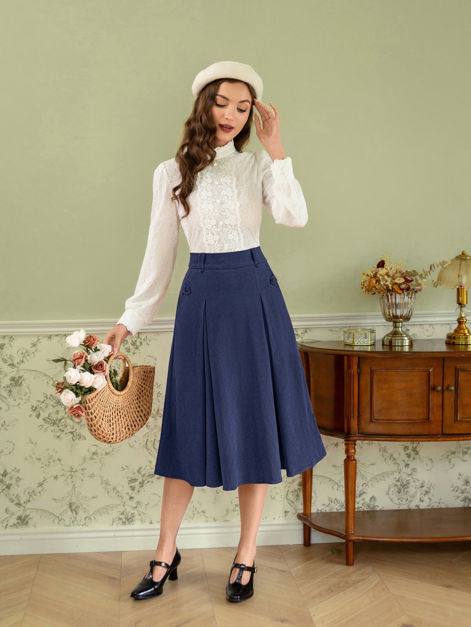 belle poque Vintage Swing Skirt Elastic Waist Flared A-Line Mid-Calf Skirt