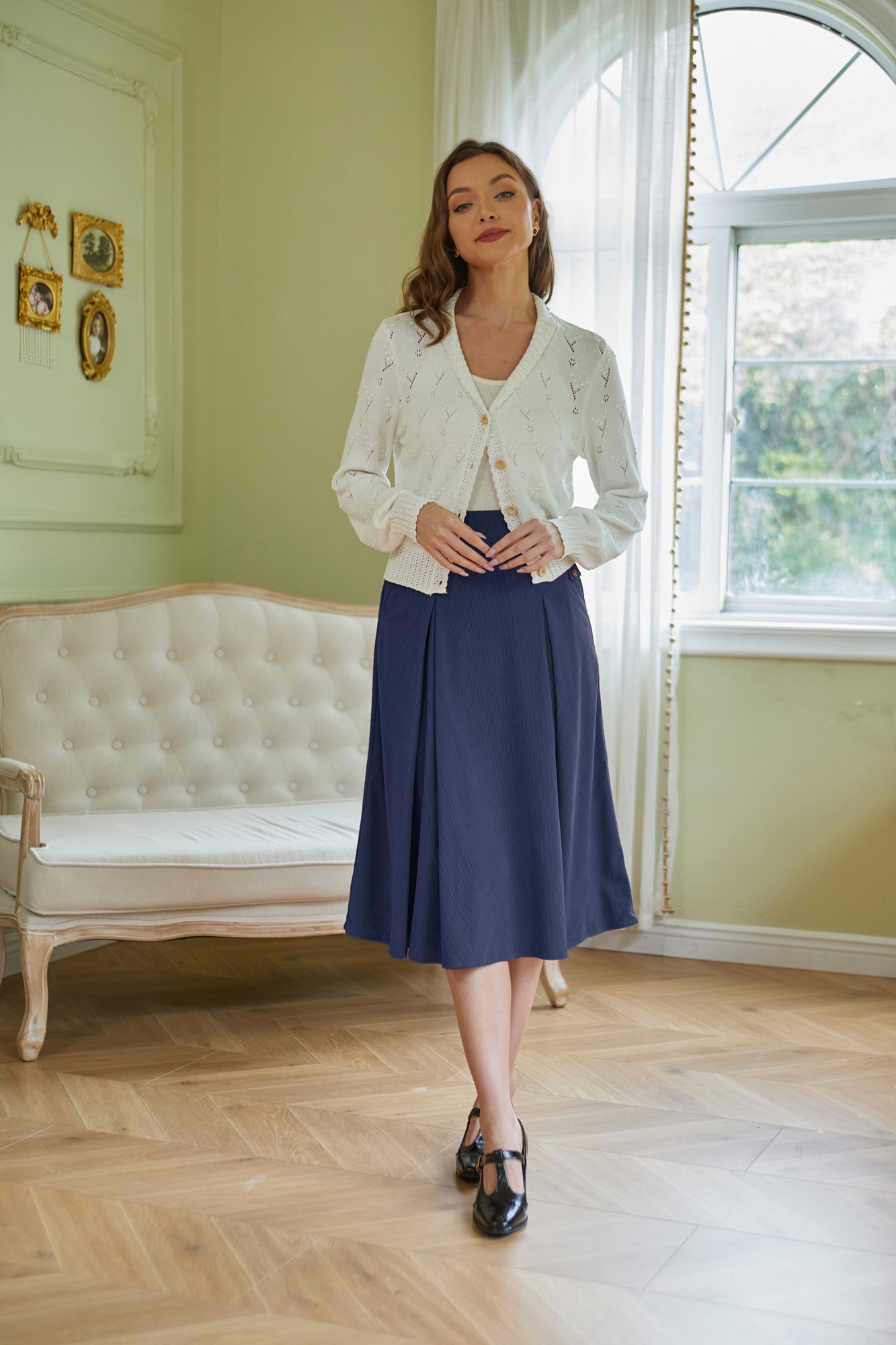 belle poque Vintage Swing Skirt Elastic Waist Flared A-Line Mid-Calf Skirt