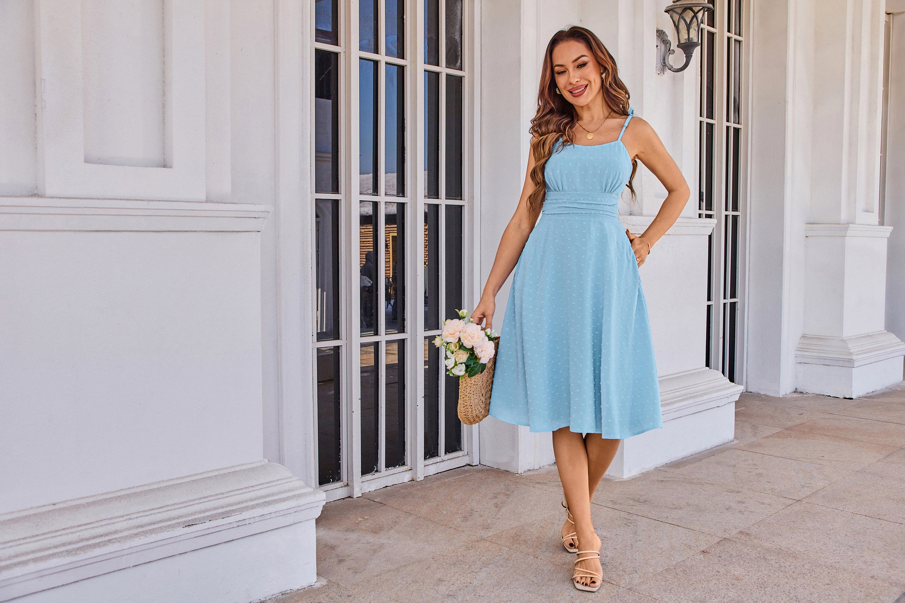 belle poque BP Women Vintage Swiss Dots Dress Spaghetti Straps Flared A-Line Dress