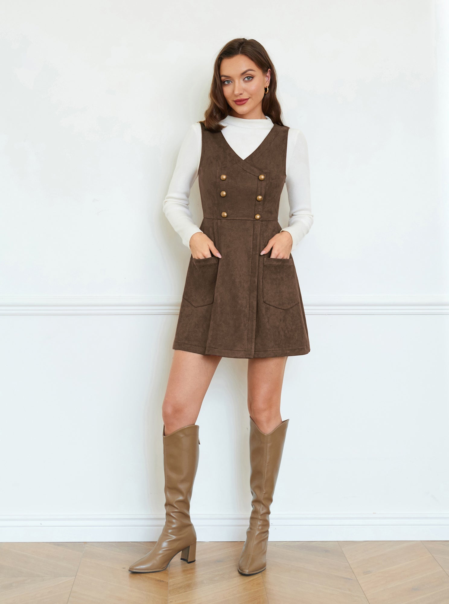 belle poque Vintage Faux Suede Dress Sleeveless V-Neck Elastic Waist A-Line Dress