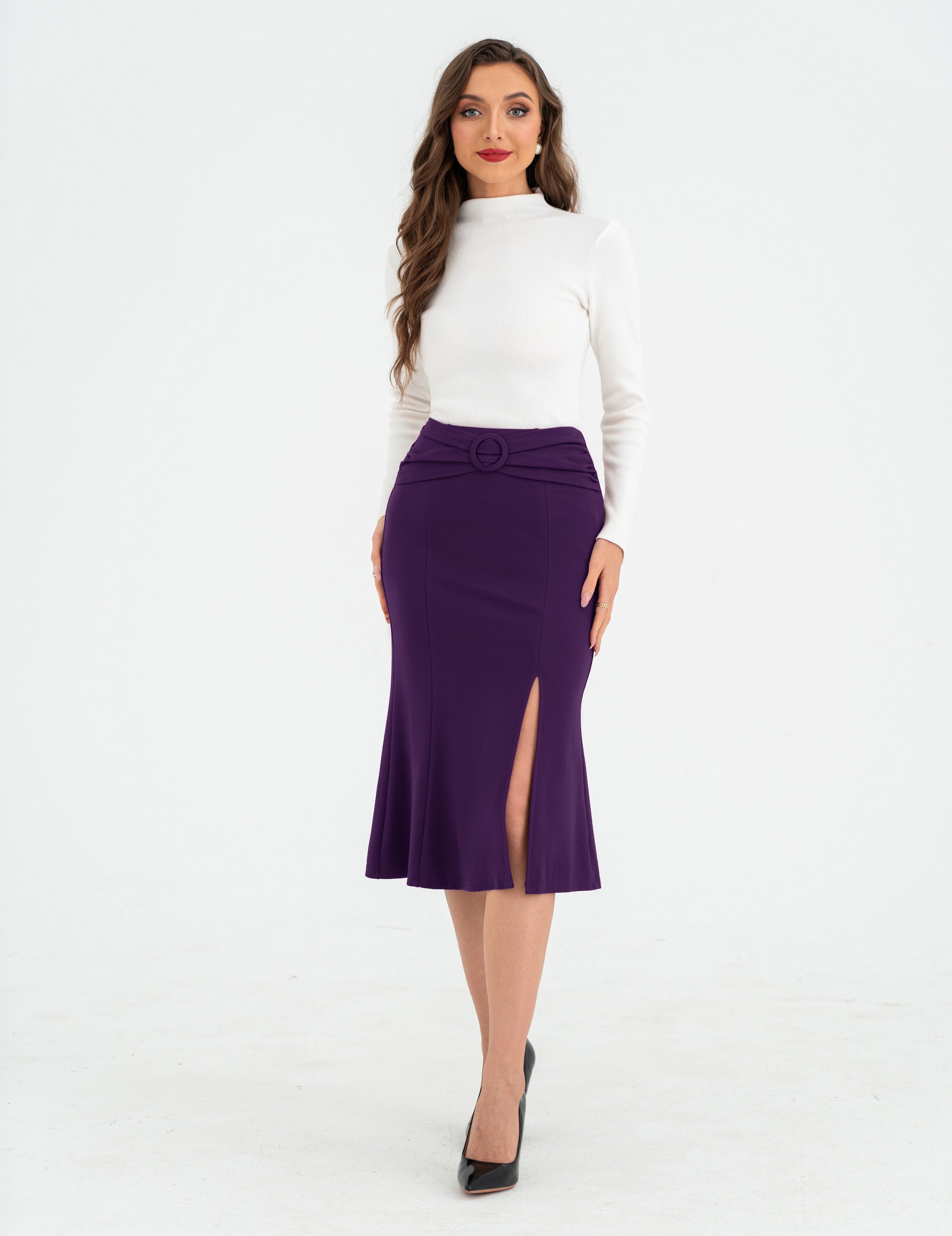 belle poque BP Women Vintage Front Slit Skirt Elastic Waist Mermaid Hem Bodycon Skirt