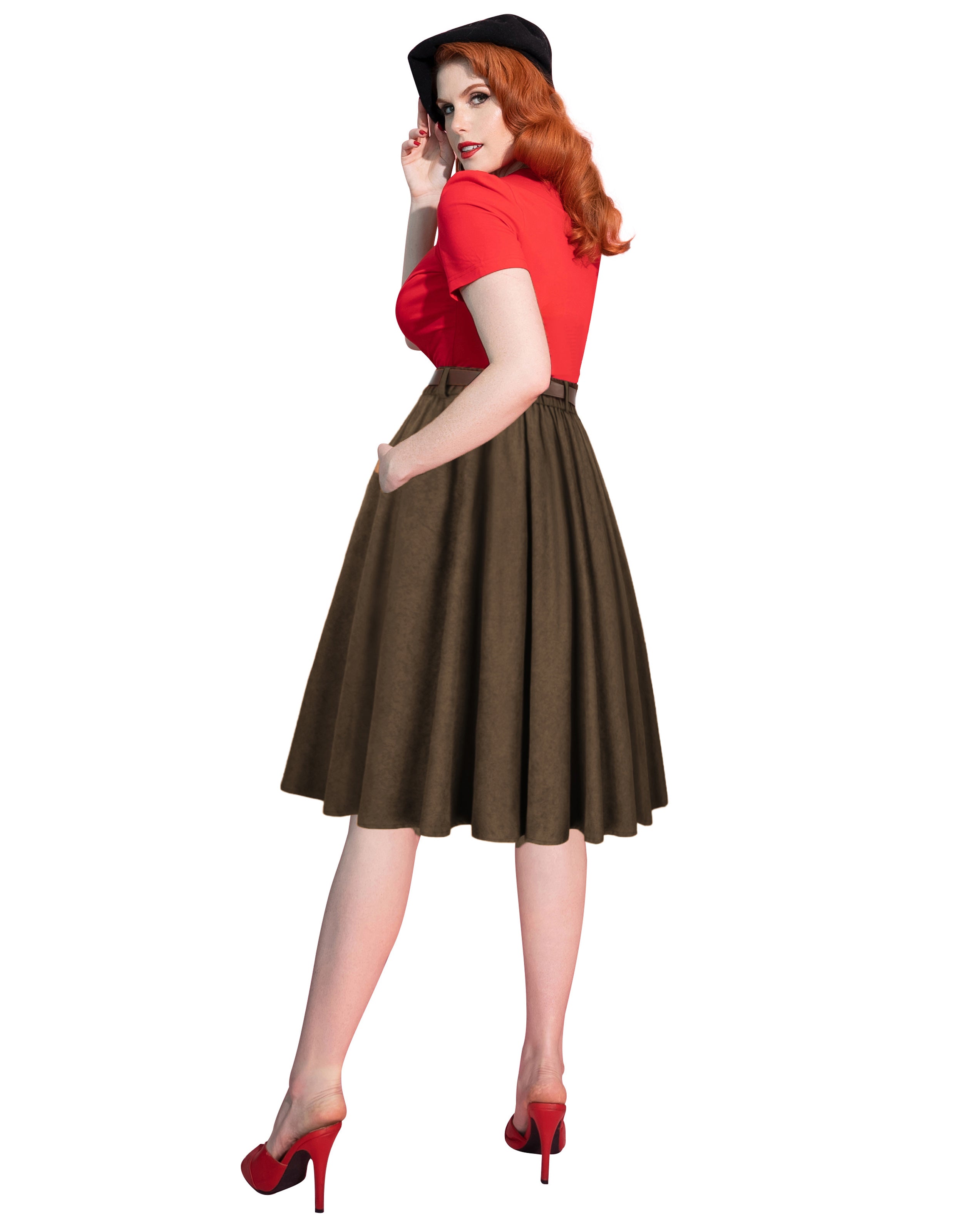 belle poque Corduroy Skirt with Belt Elastic High Waist Mid-Calf Swing Skirt