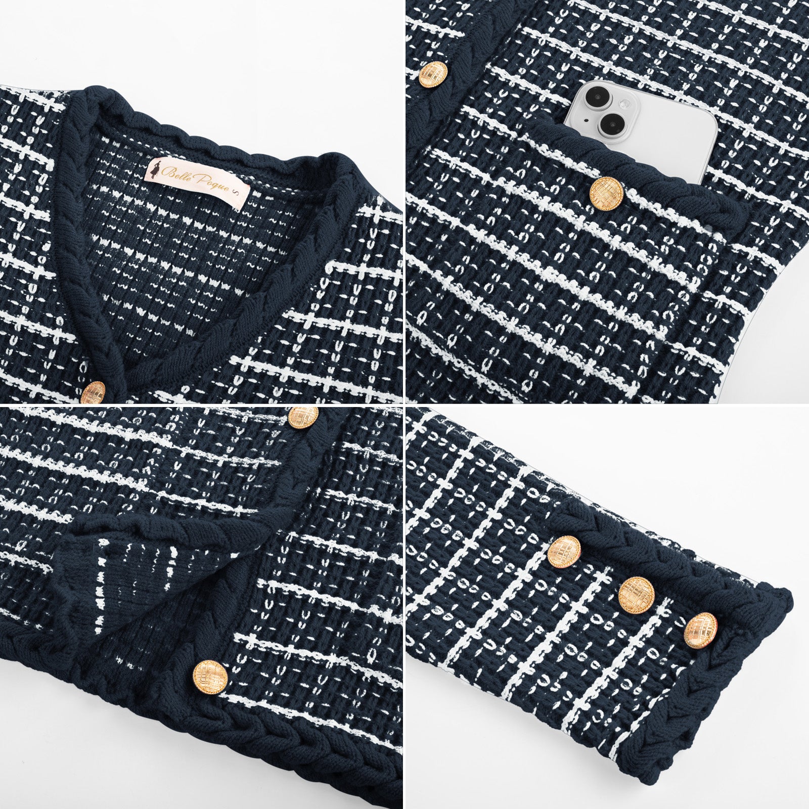 belle poque Contrast Color Cardigan Long Sleeve V-Neck Cable Knitted Sweater