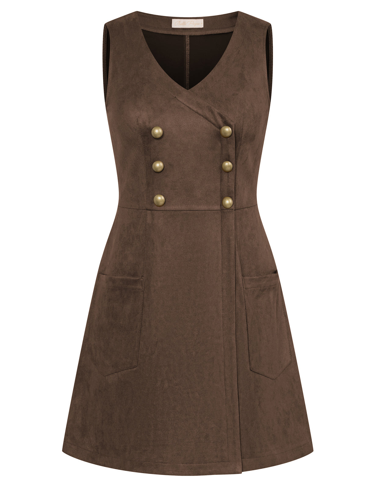 belle poque Vintage Faux Suede Dress Sleeveless V-Neck Elastic Waist A-Line Dress Dark brown