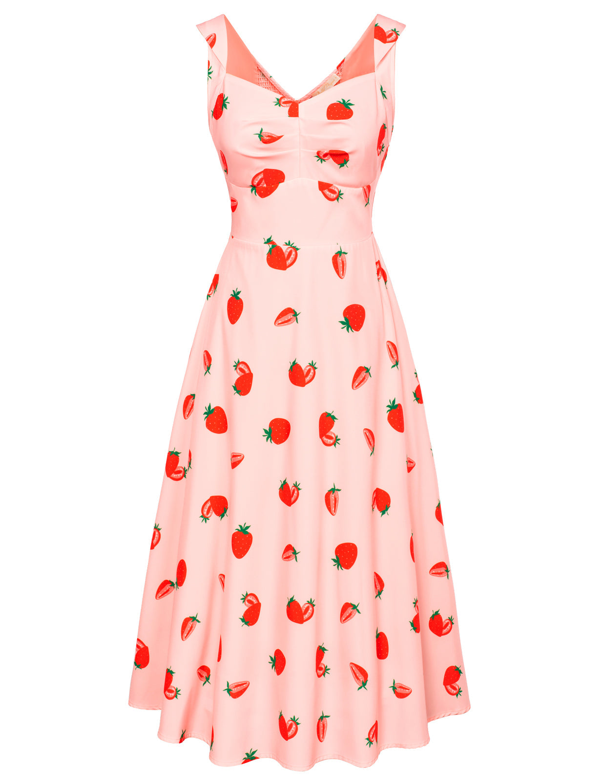 Sleeveless Strawberry V-Back Flared A-Line Midi Dress