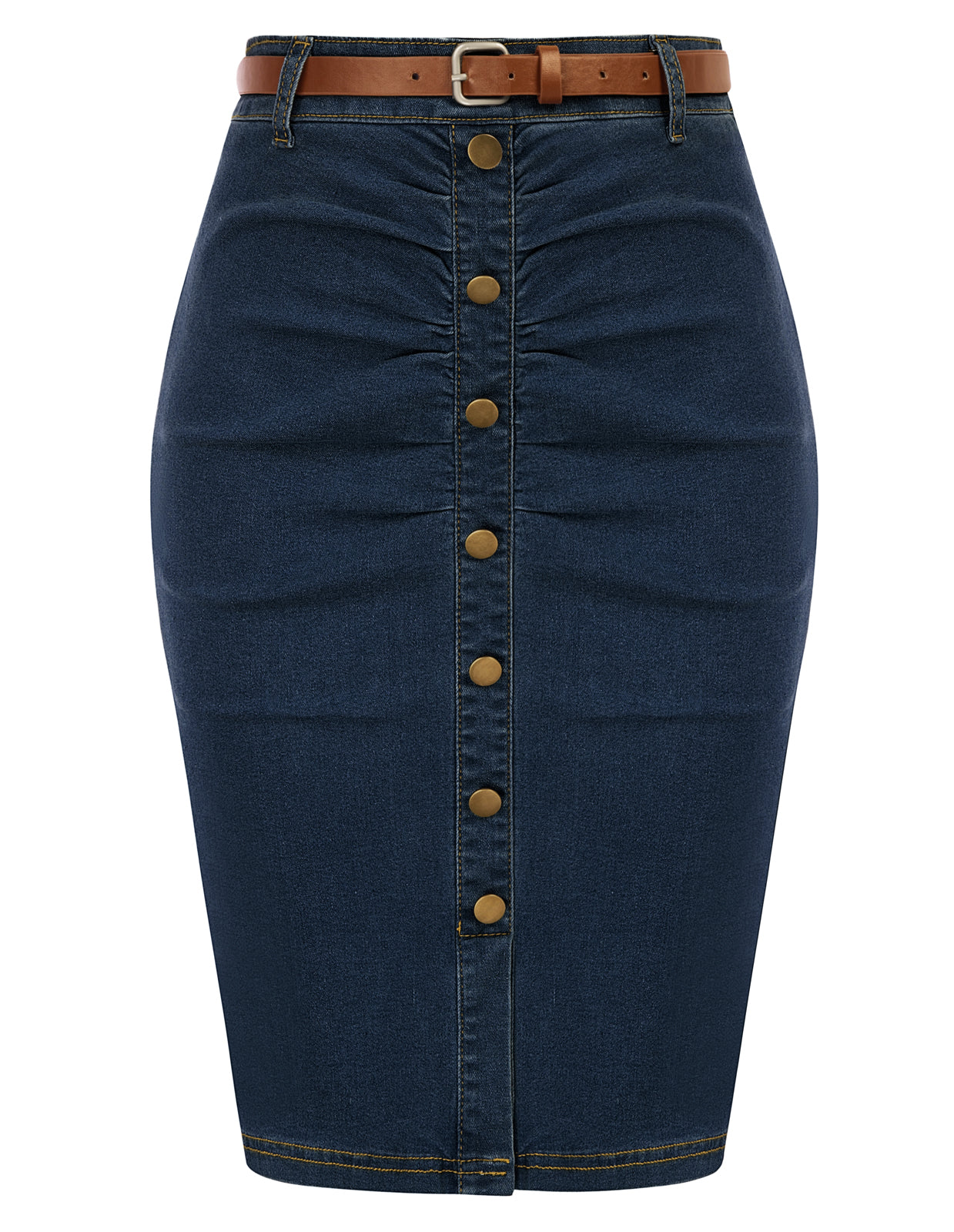 belle poque Vintage Jean Skirt with Belt High Waist Ruched Front Bodycon Skirt Dark Blue
